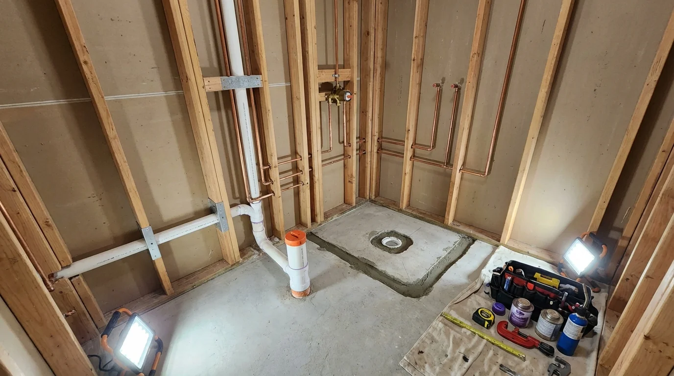 Bathroom rough-in plumbing during remodel by Johns Plumbing LLC in Jenkintown