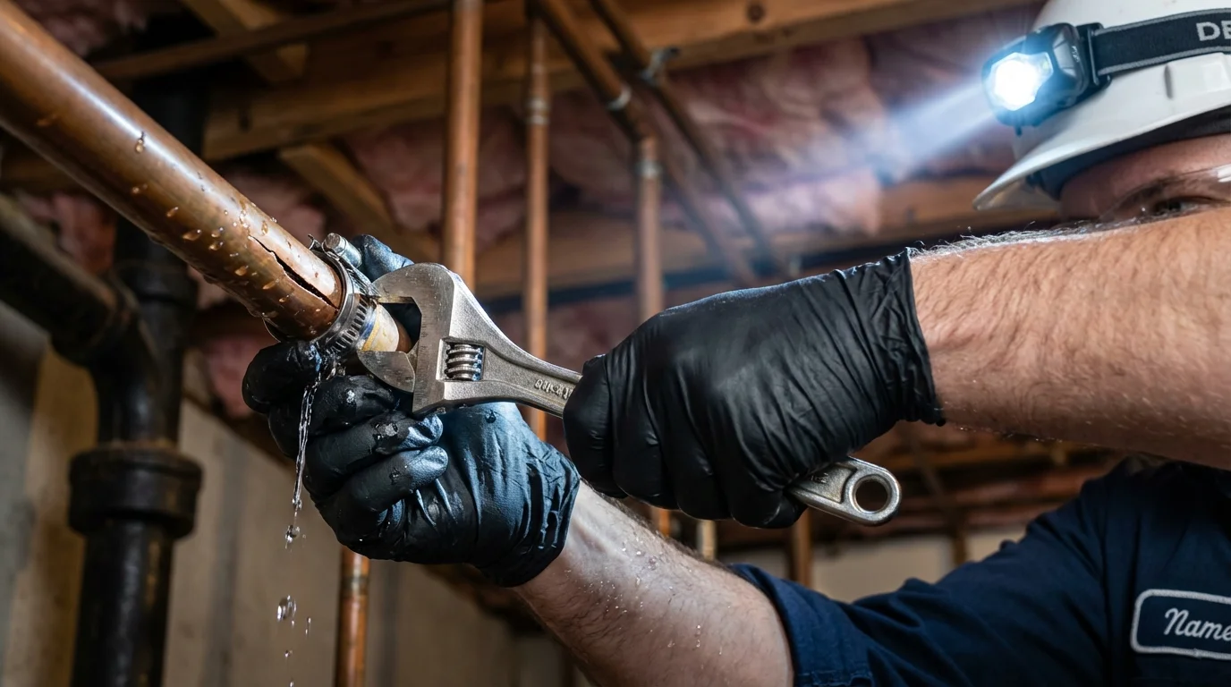 Emergency pipe clamp repair being performed by a Johns Plumbing LLC plumber in Jenkintown