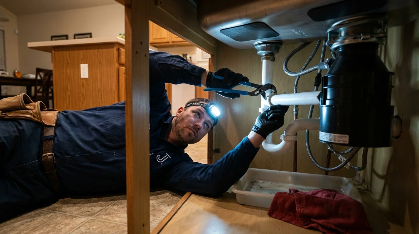 P-trap and supply line connections under a kitchen sink showing a common leak point in Jenkintown, PA